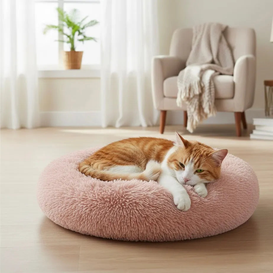 Chat allongé sur panier rond rose foncé