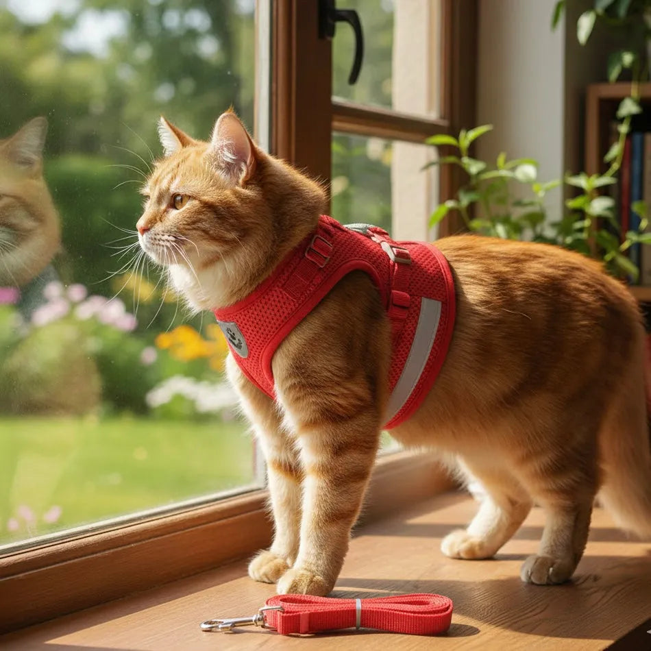 Chat avec harnais compact rouge
