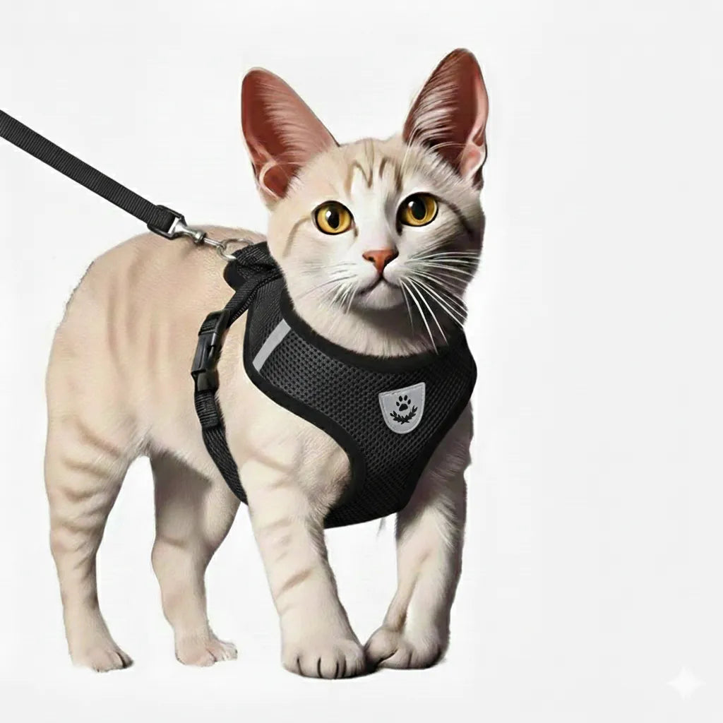  chat avec harnais réfléchissant de couleur noir