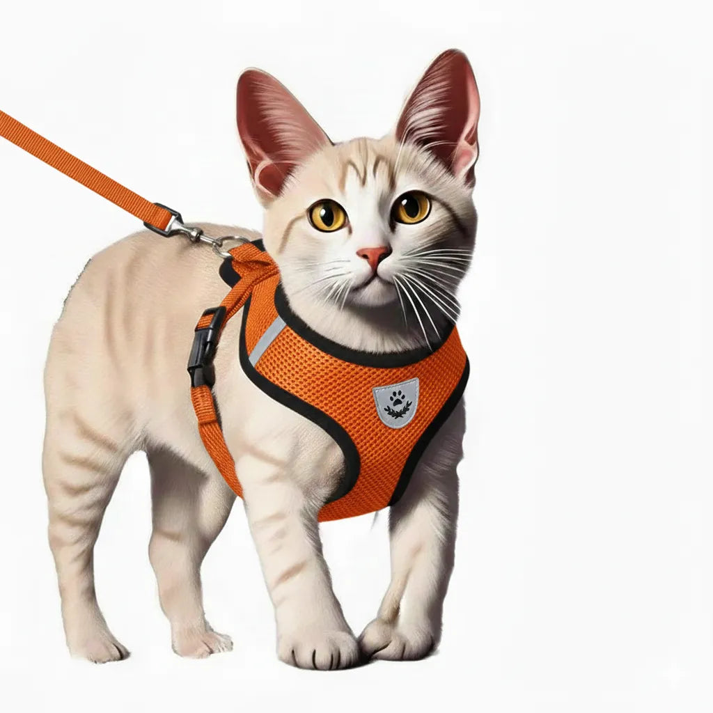 chat avec harnais réfléchissant de couleur orange