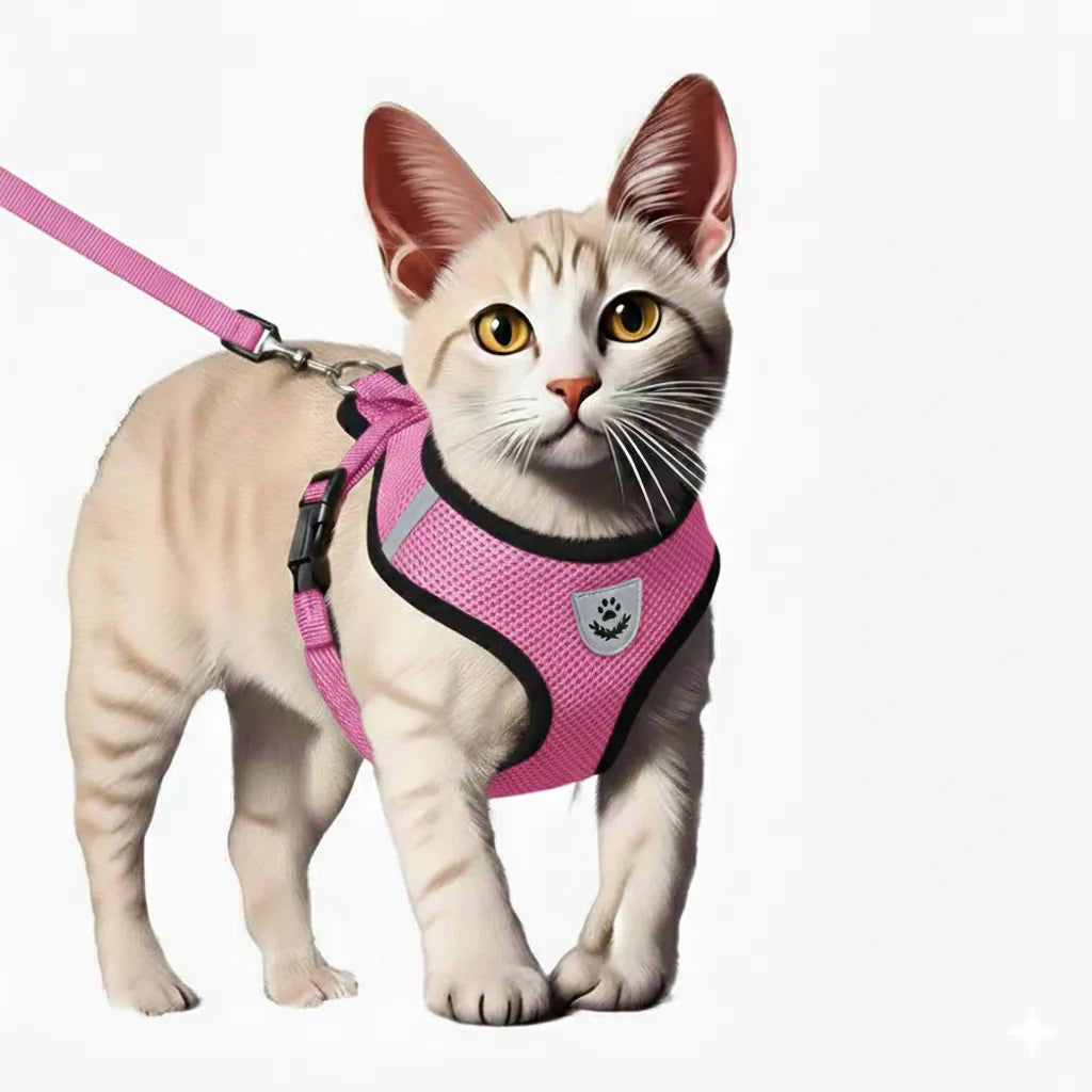 chat avec harnais réfléchissant de couleur rose