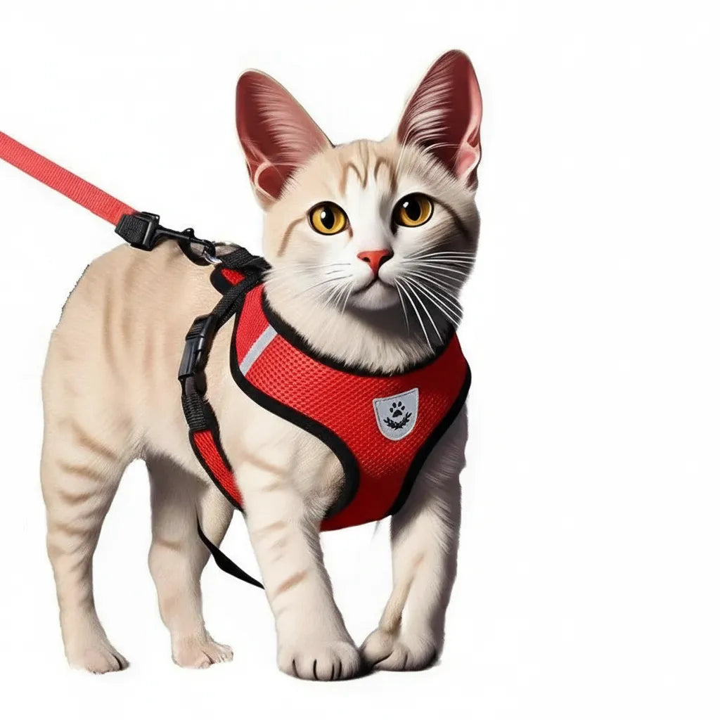 chat avec harnais réfléchissant de couleur rouge