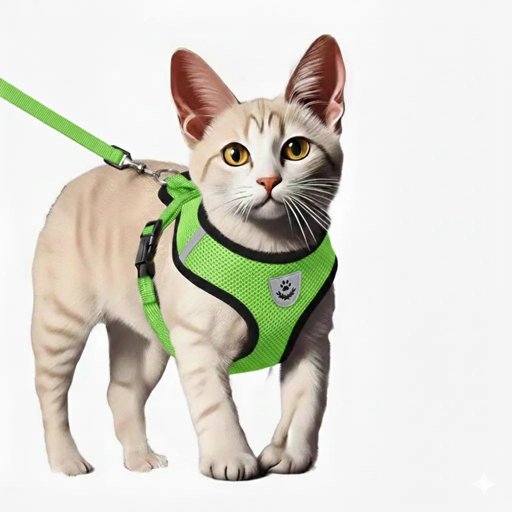 chat avec harnais réfléchissant de couleur vert