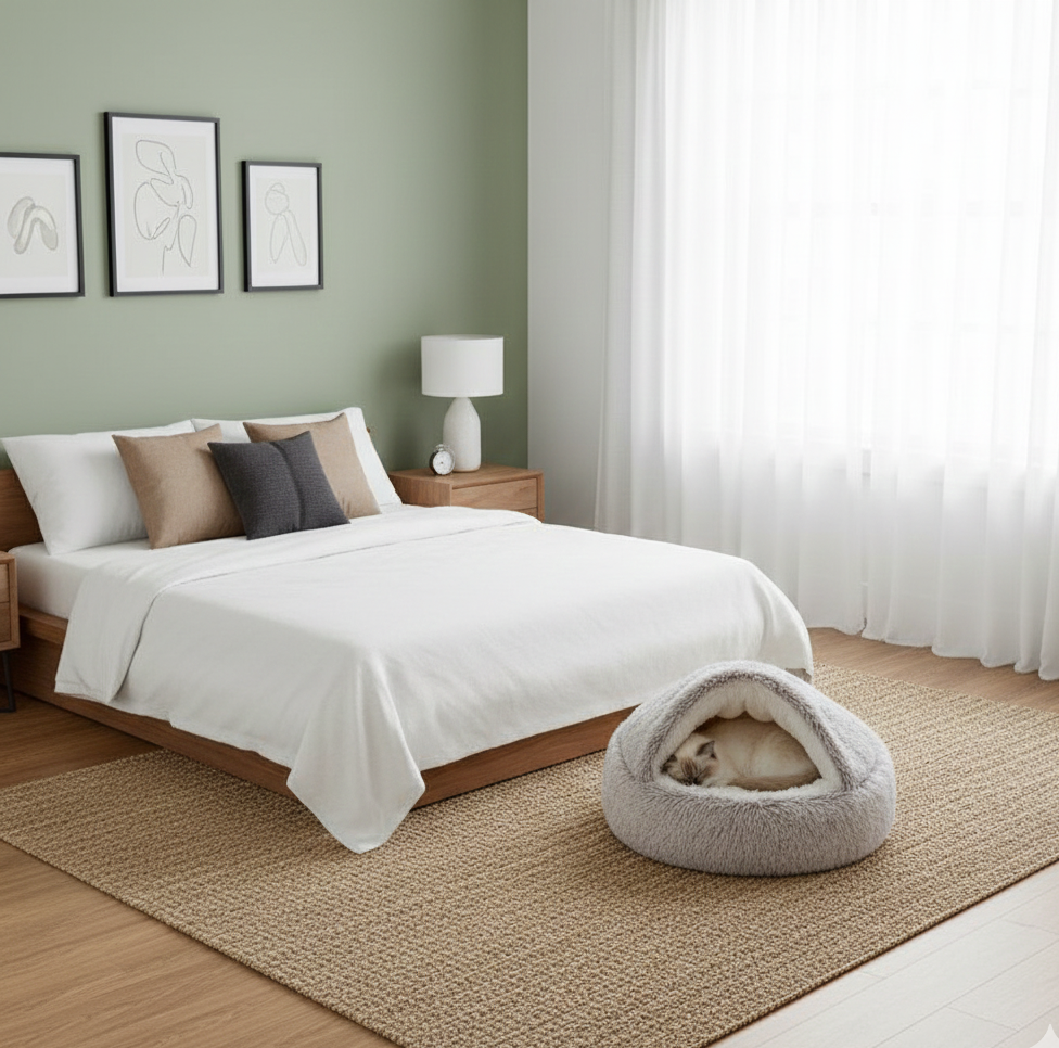 Chat dans un coussin chauffant naturellement violet clair dans une chambre 