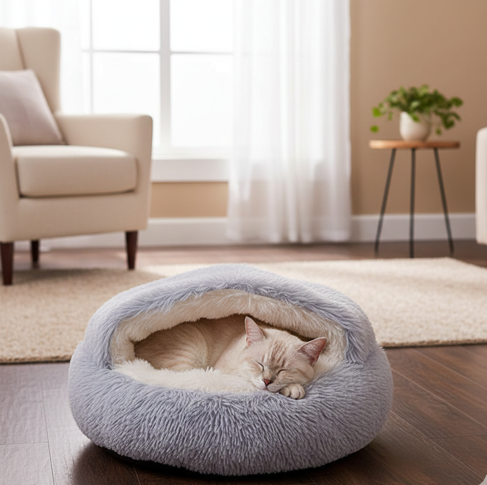 Chat dans un coussin fermé chauffant naturellement violet