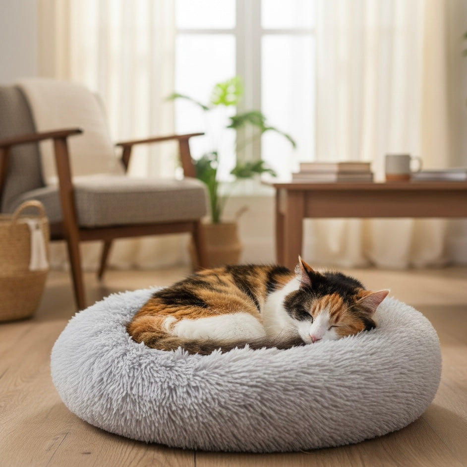 Chat dans panier rond gris clair