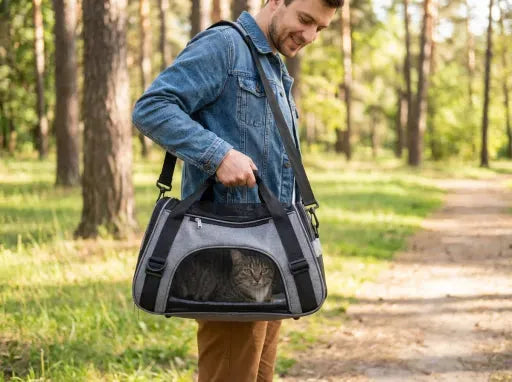 Chat dans panier sac de sport gris dans un décor forêt 