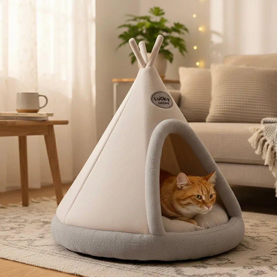 Chat dans panier tipi gris vu de coté 