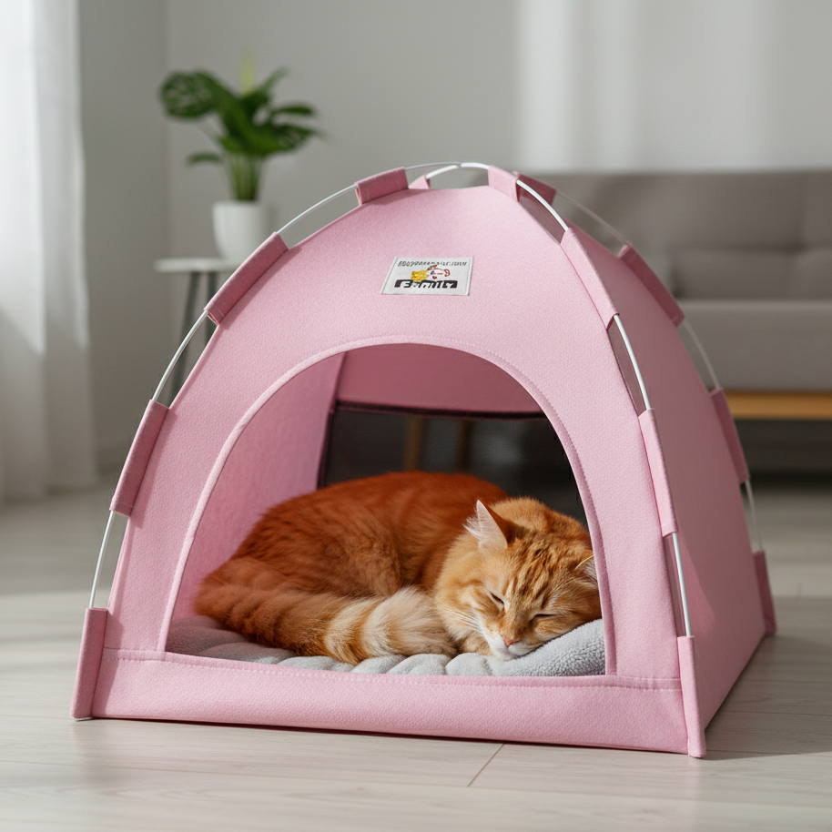 Chat dans tente rose en intérieur