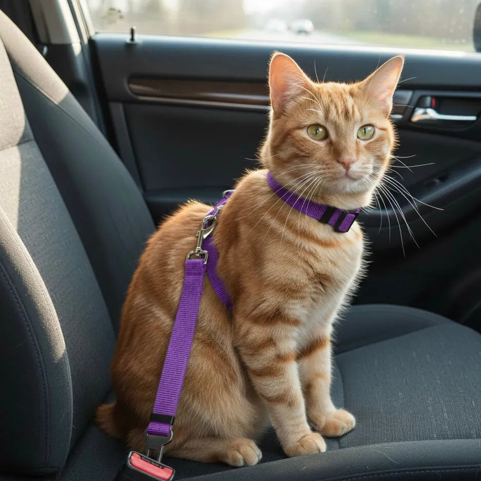 Chat dans voiture avec harnais léger violet