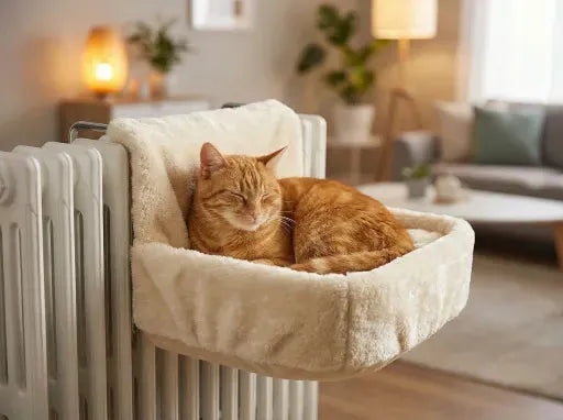 Chat qui dort dans panier radiateur