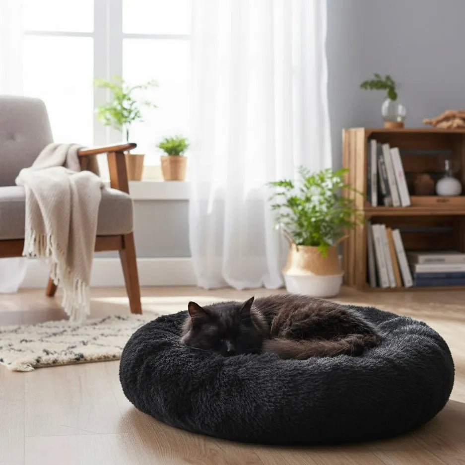 Chat qui dort sur panier rond noir