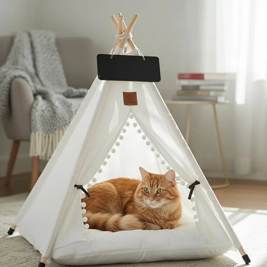 Chat dans grand tipi blanc en intérieur