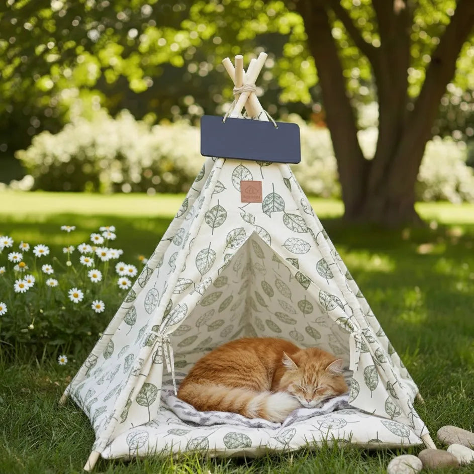 Chat dans grand tipi feuilles vertes en extérieur