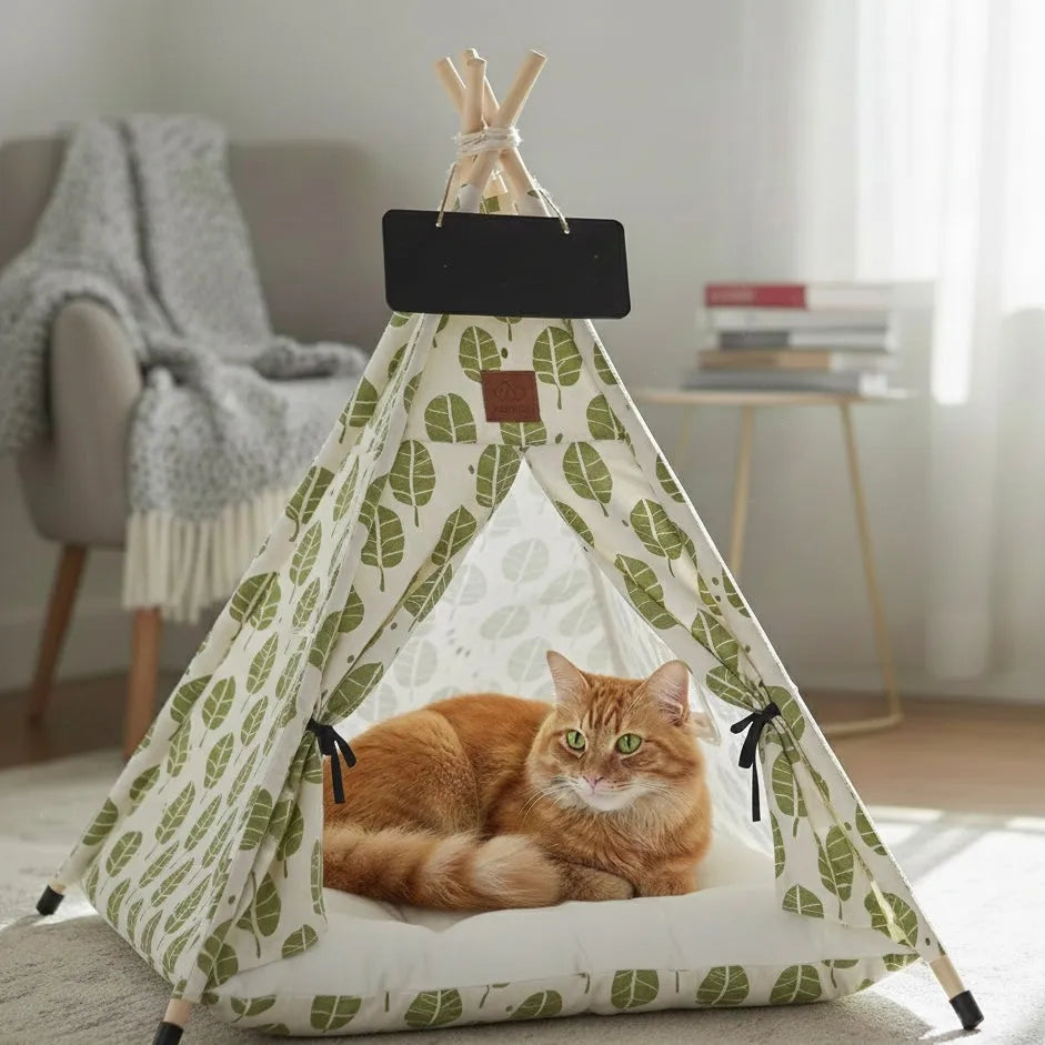 Chat dans grand tipi feuilles vertes en intérieur