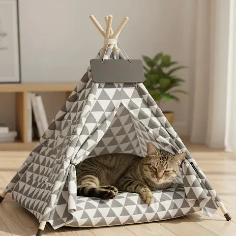 Chat dans grand tipi gris clair en intérieur