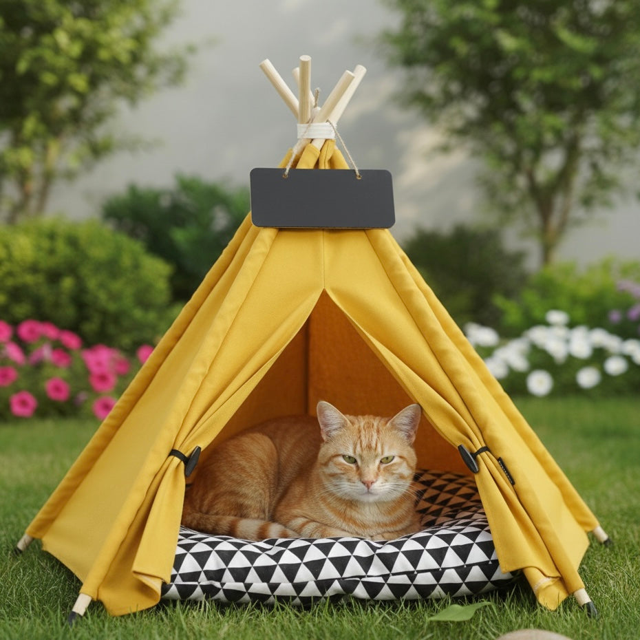 Chat dans grand tipi jaune en extérieur
