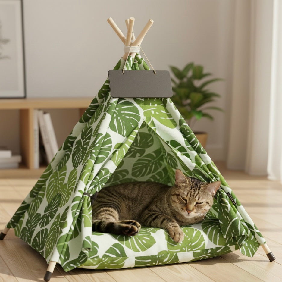 Chat dans grand tipi motif tortues en intérieur