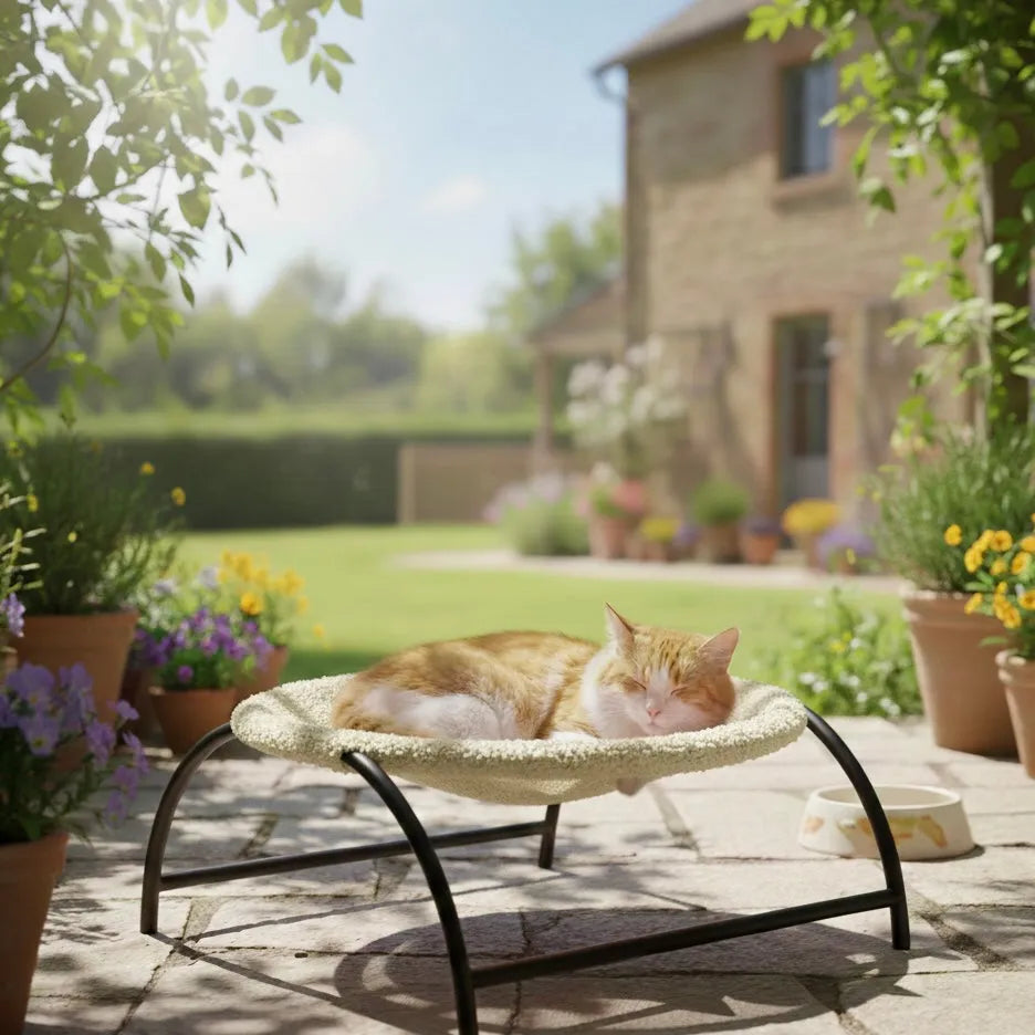 Chat dans panier hauteur hamac de couleur blanc cassé en extérieur