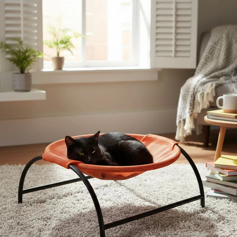 Chat dans panier hauteur hamac de couleur orange en intérieur