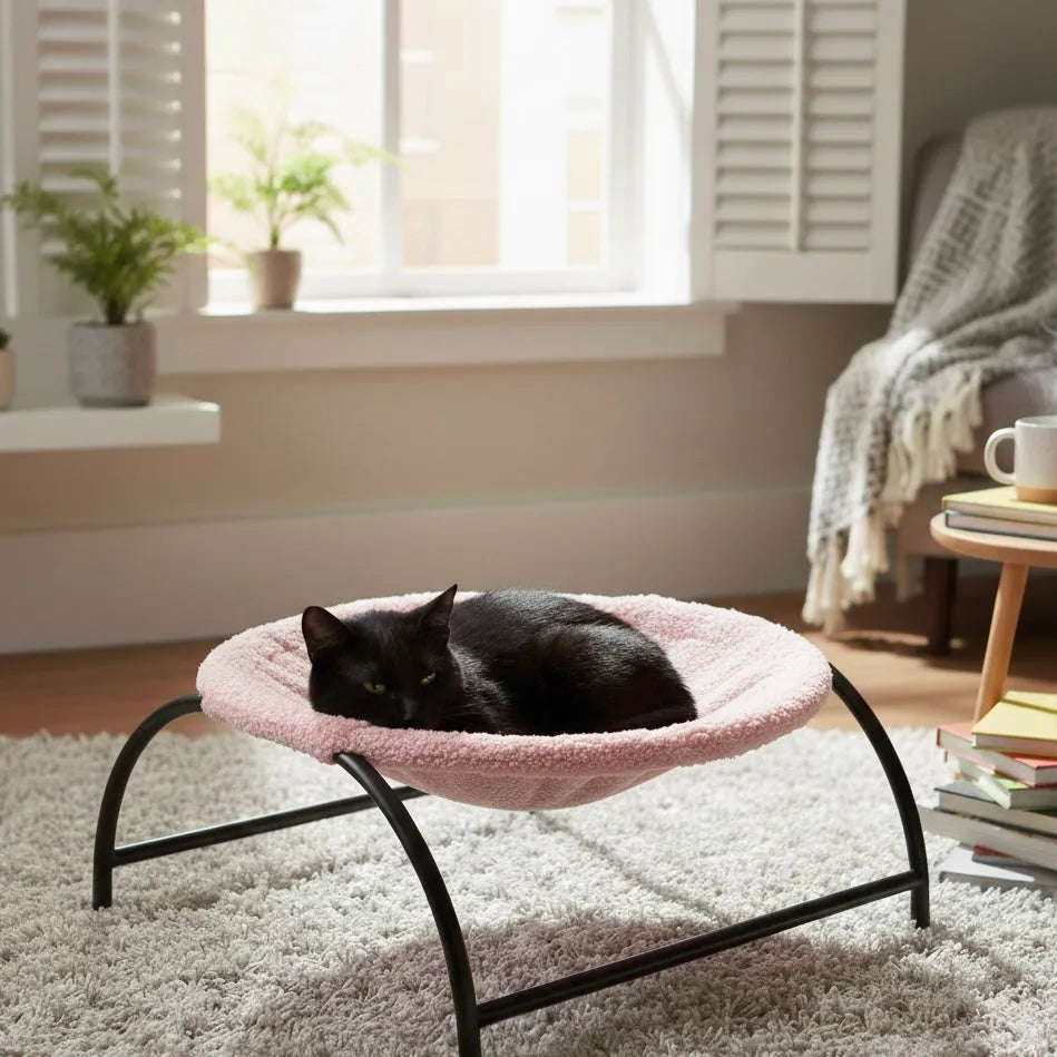 Chat dans panier hauteur hamac de couleur rose clair en intérieur
