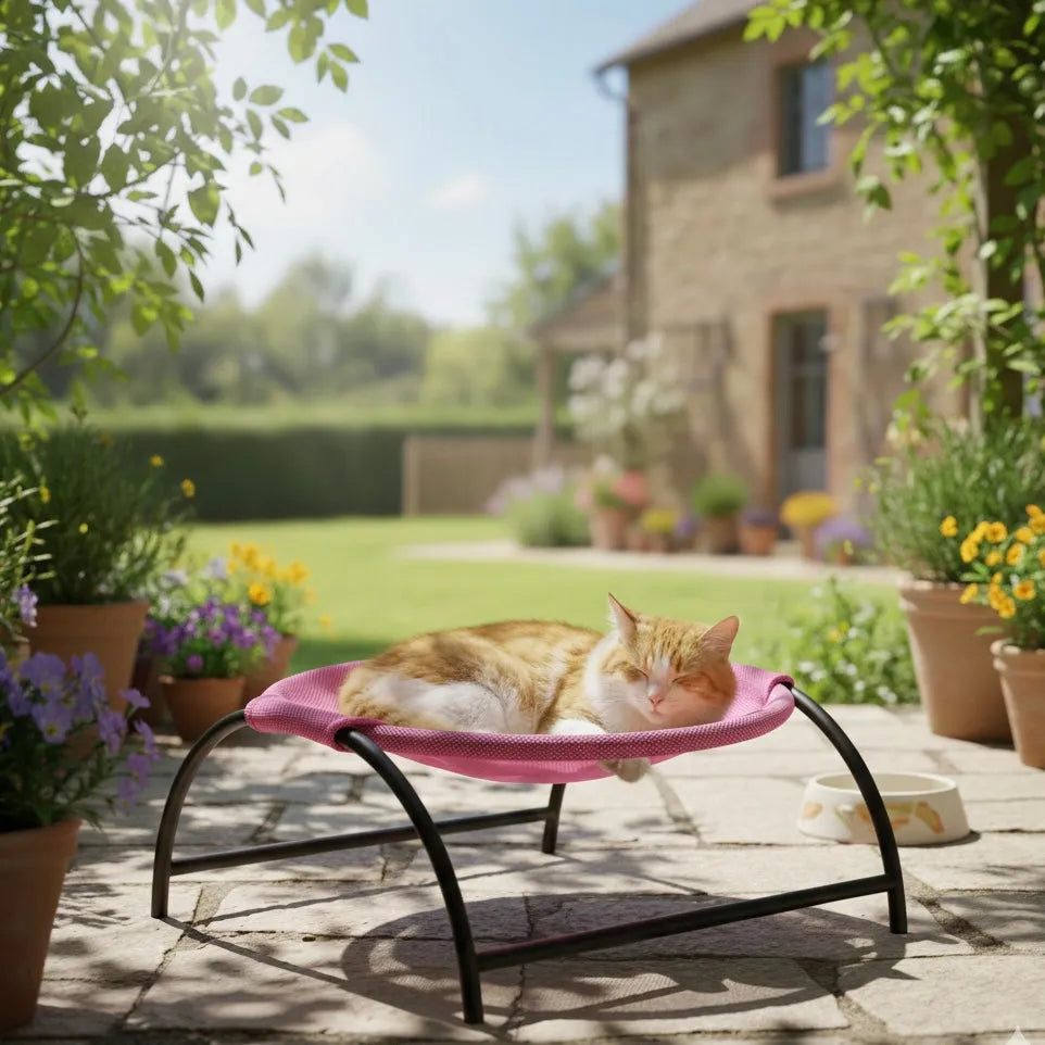 Chat dans panier hauteur hamac de couleur rose en extérieur 
