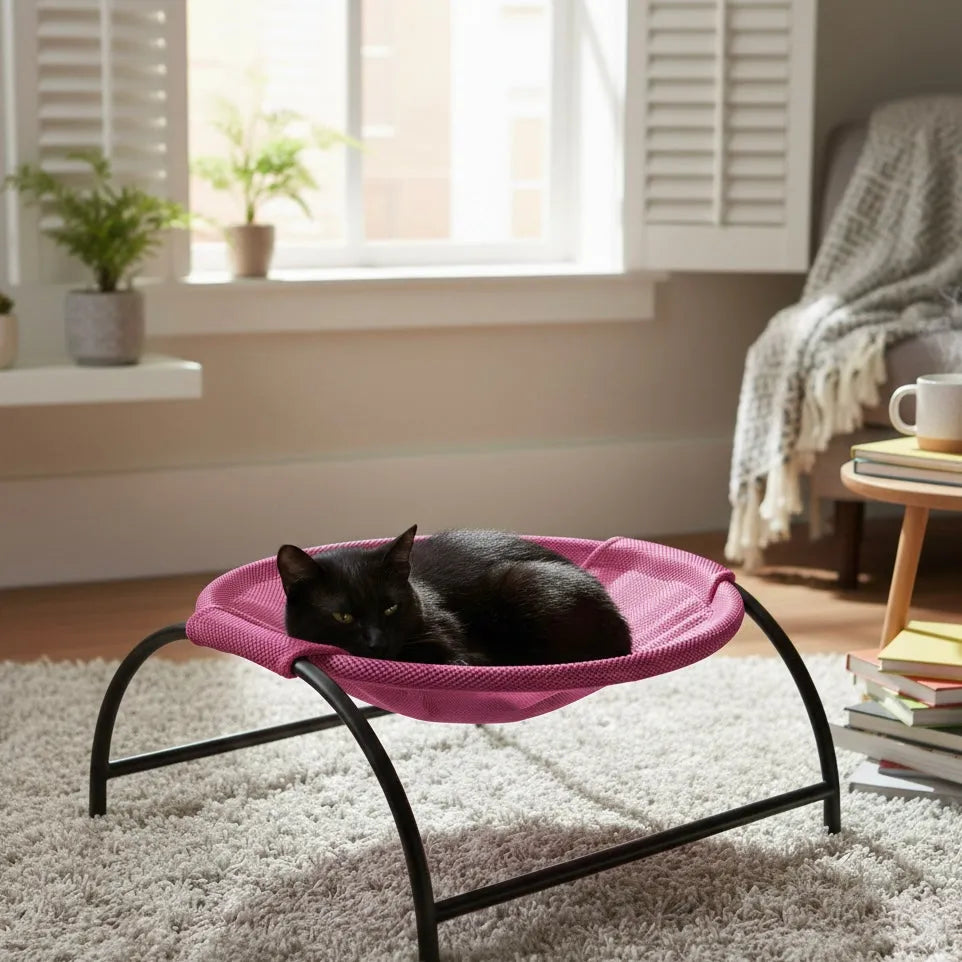 Chat dans panier hauteur hamac de couleur rose en intérieur