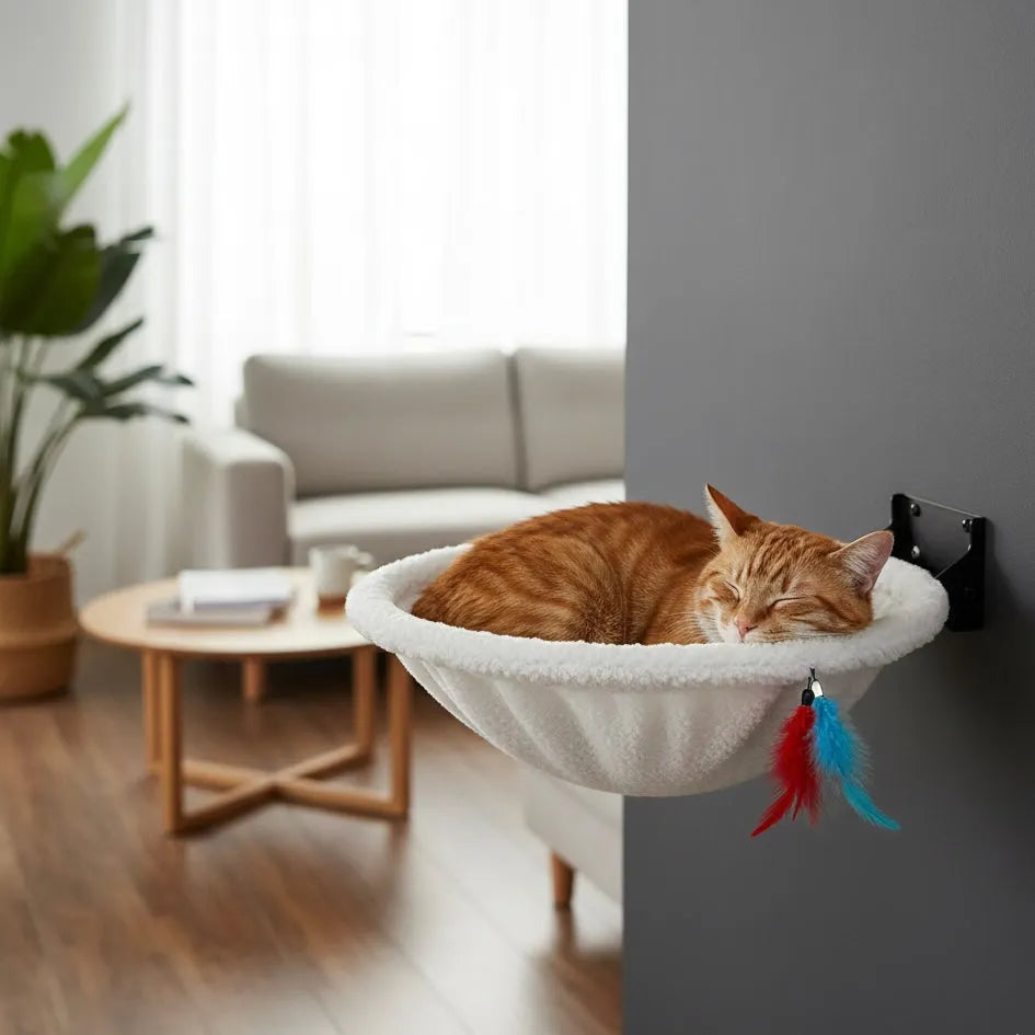 Chat dans panier mural forme de nid blanc