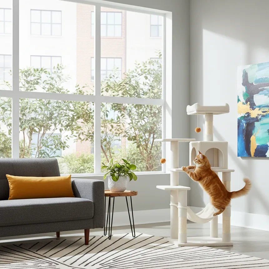 Chat dans salon joue sur arbre a chat avec hamac blanc