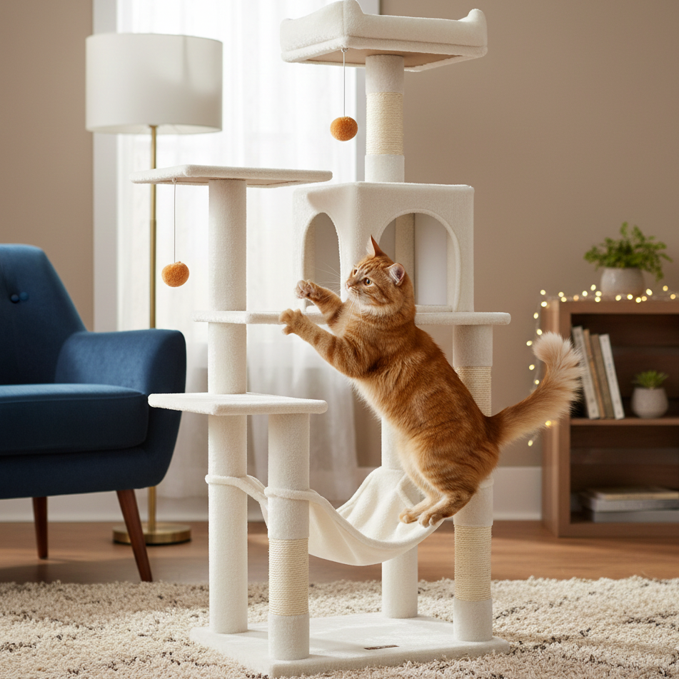 Chat qui saute sur un arbre a chat avec hamac blanc