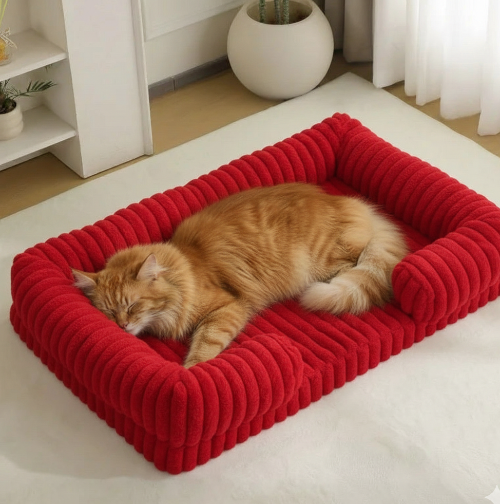 Chat sur coussin orthopédique fermé waterproof rouge
