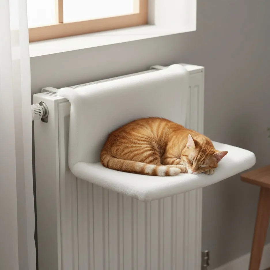 Chat sur panier blanc sur un radiateur