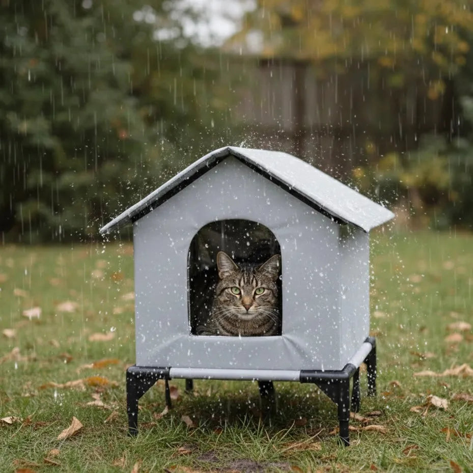 Chat sur panier fermé gris dans la pluie
