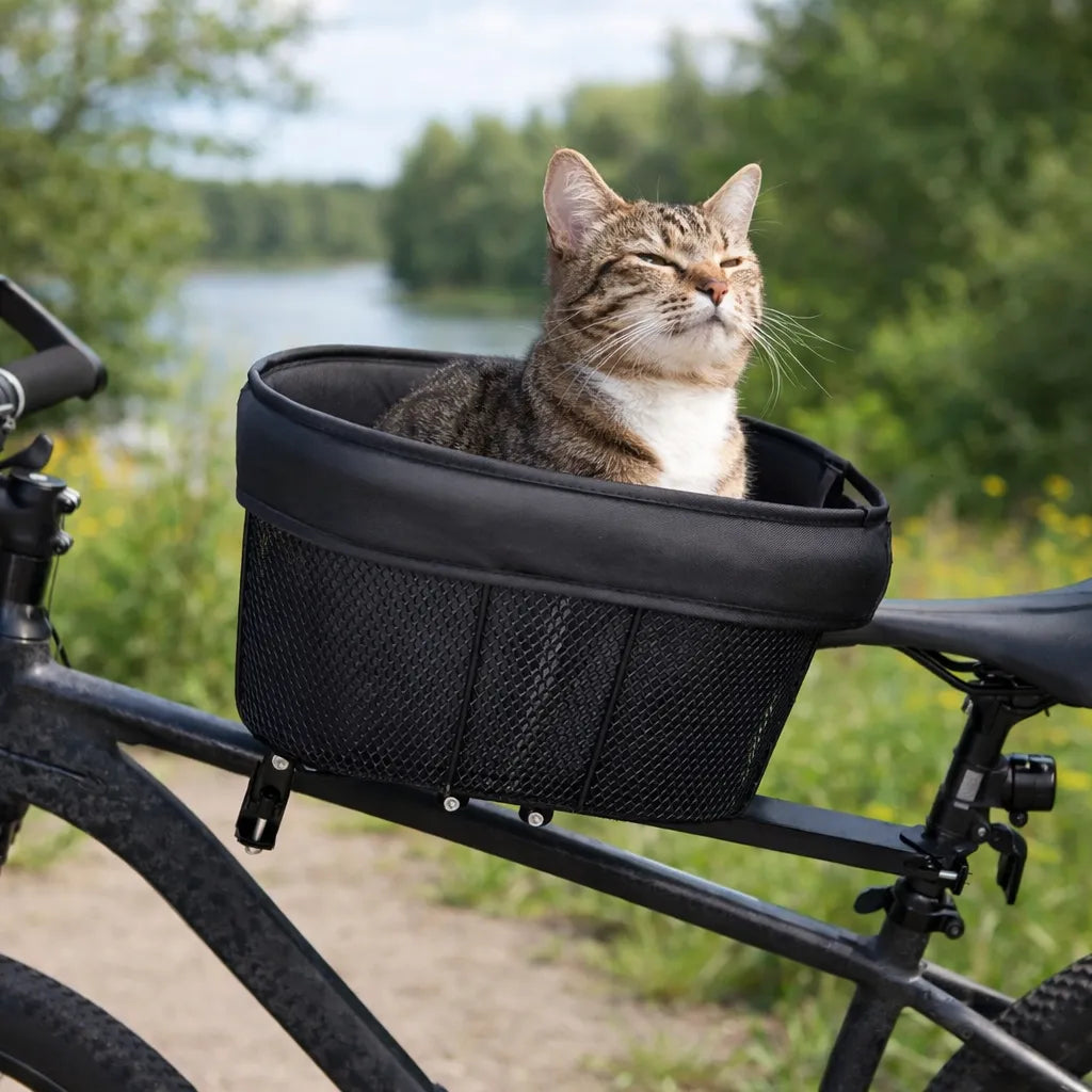 Chat sur panier fixé sur vélo