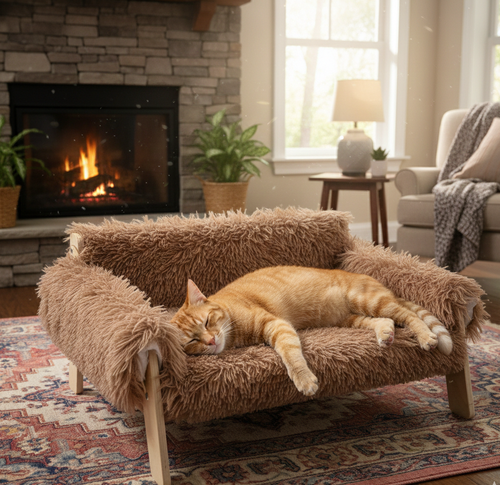 chat sur panier en forme de canapé marron