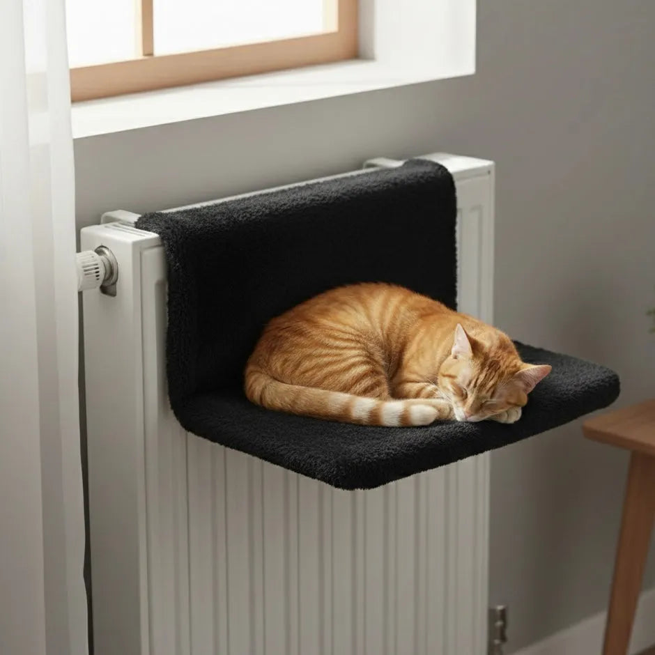 Chat sur panier noir sur un radiateur