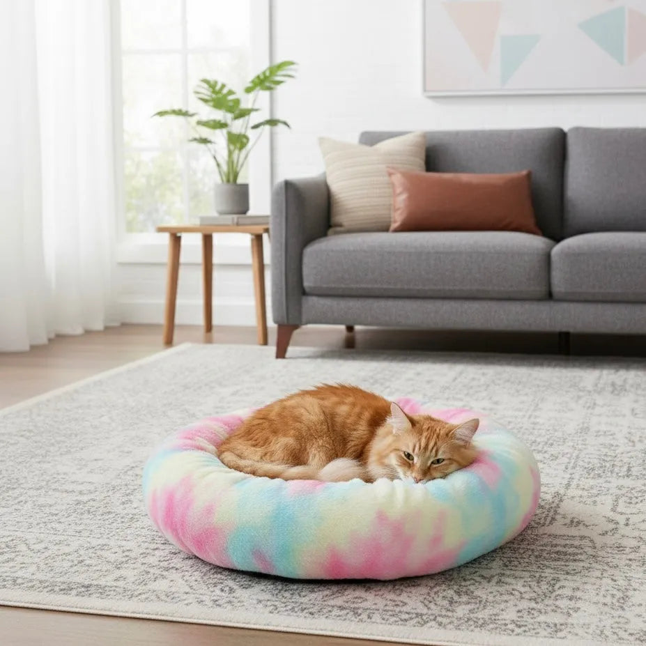 Chat sur panier rond couleur arc en ciel