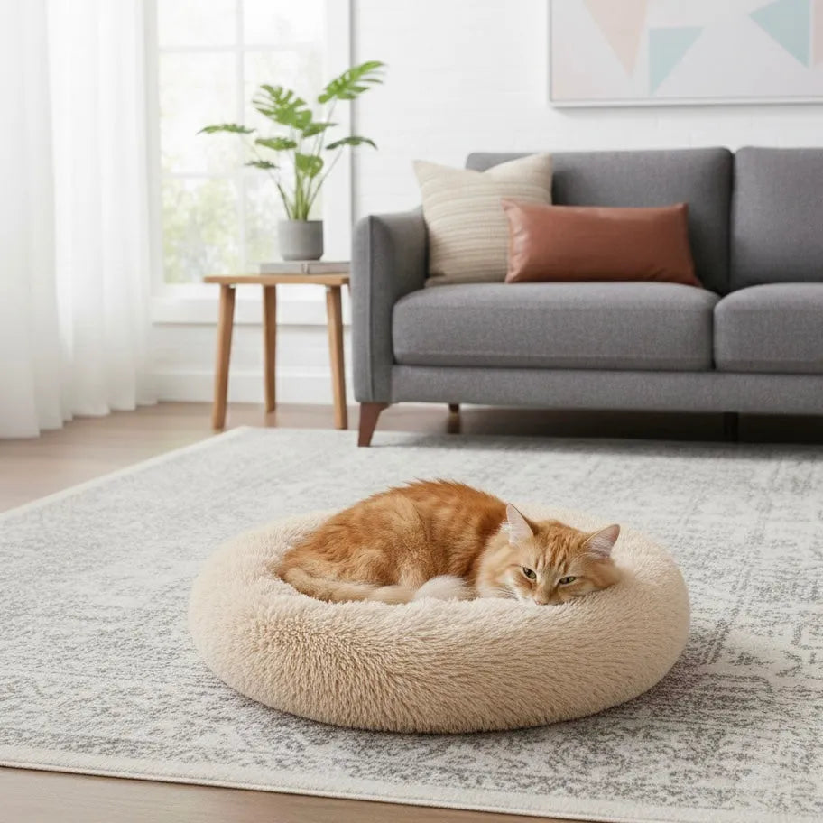 Chat sur rond beige clair