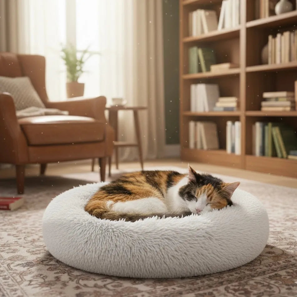 Chat sur panier rond blanc