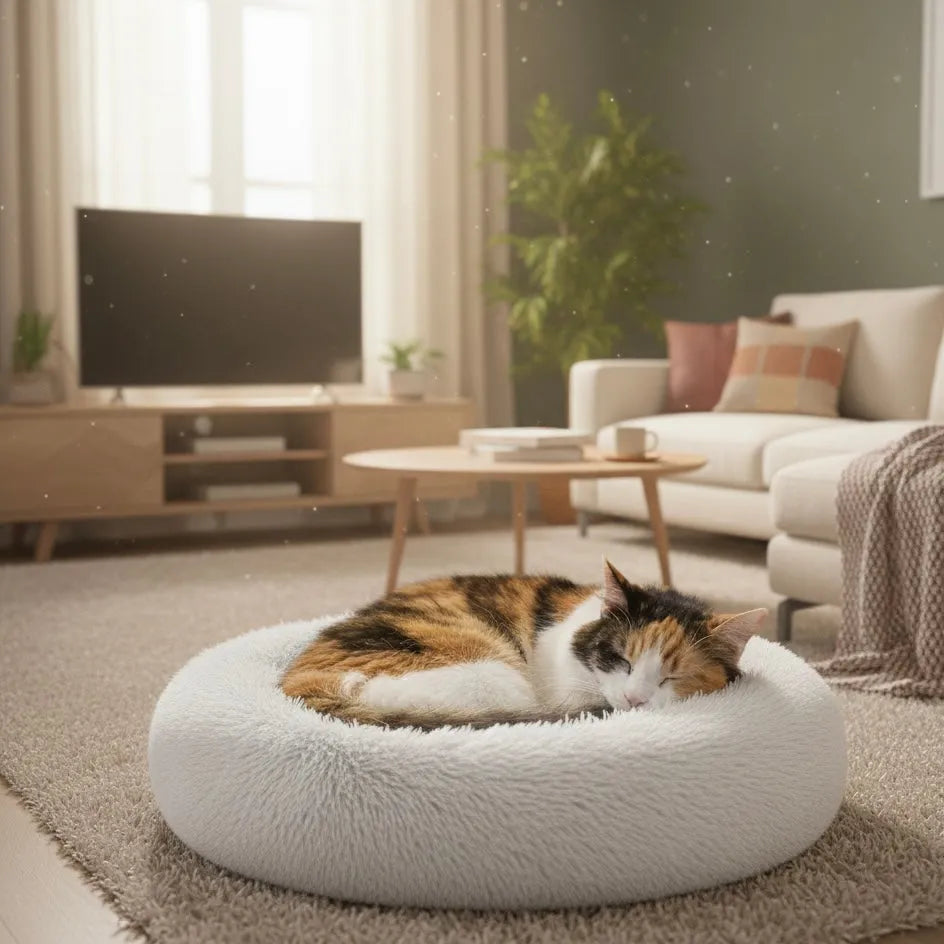 Chat sur panier rond blanc dans un salon