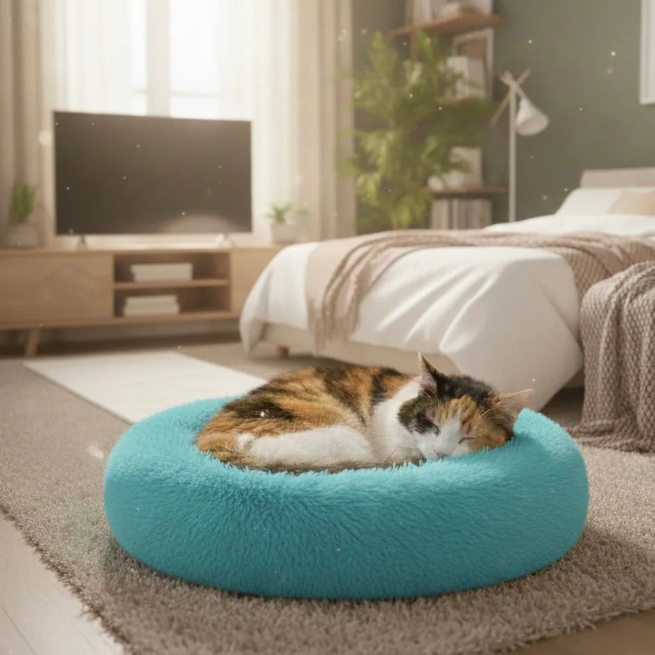 Chat sur panier rond bleu