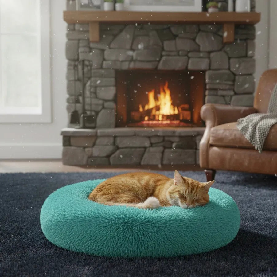 Chat sur panier rond bleu clair