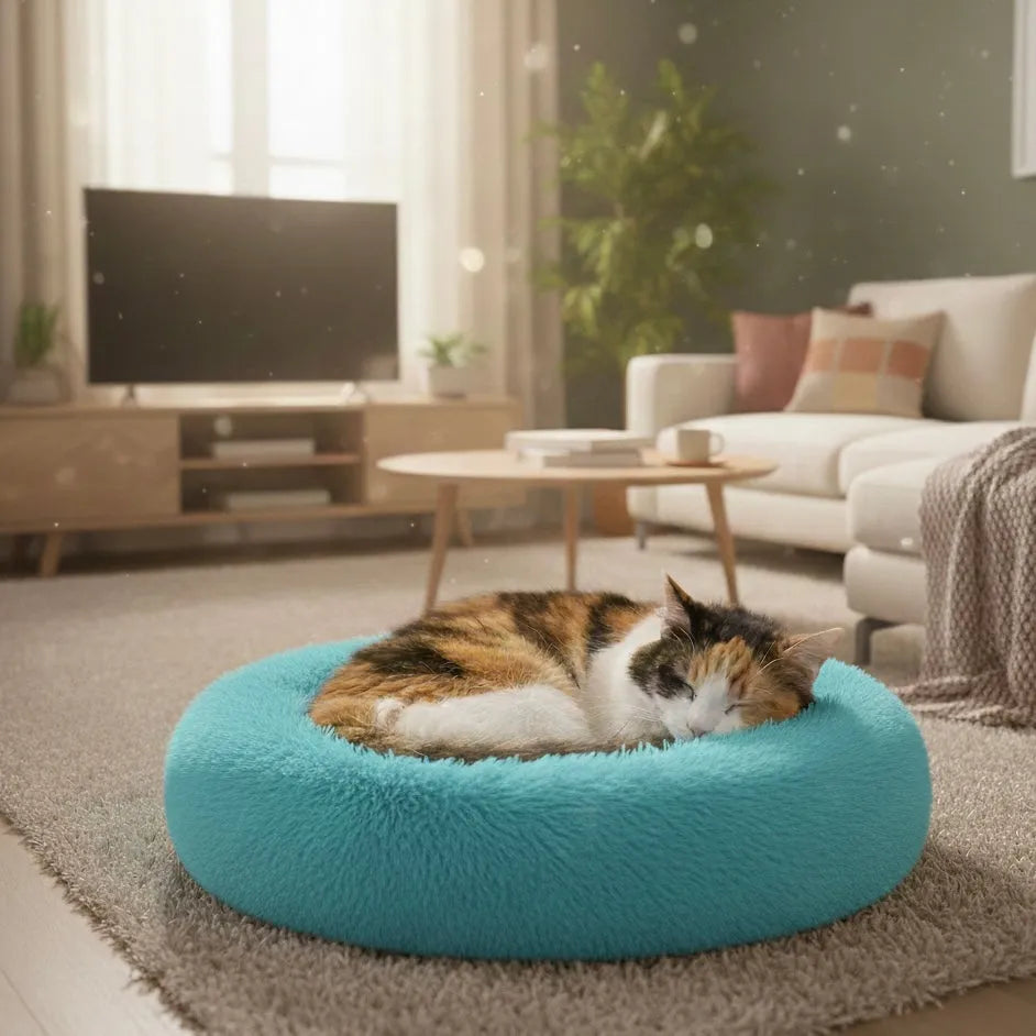 Chat sur panier rond dans un salon