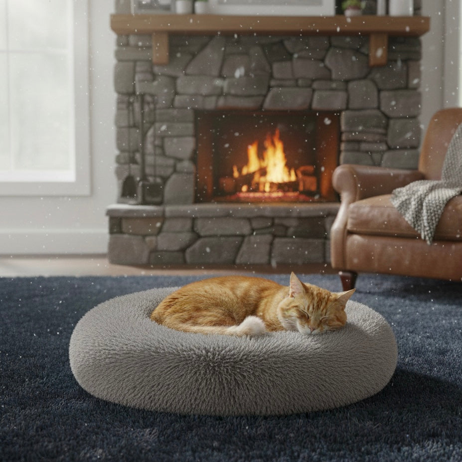 Chat sur panier rond gris