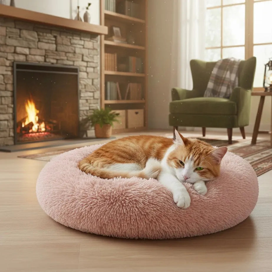 Chat sur panier rond rose foncé