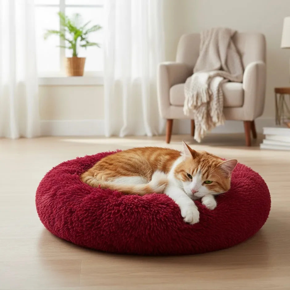 Chat sur panier rond rouge foncé
