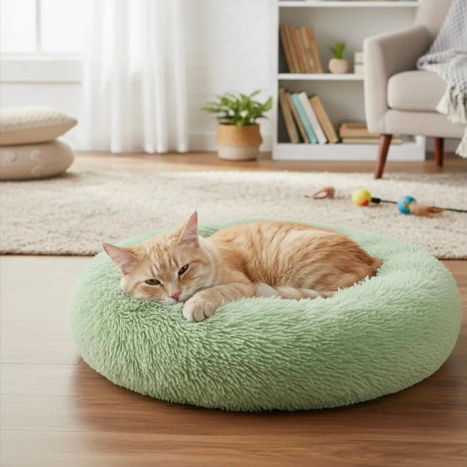 Chat sur panier rond vert