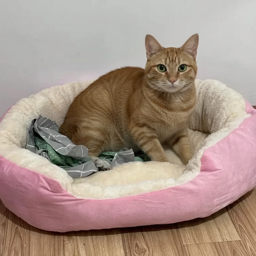 Chat sur panier trône de couleur rose