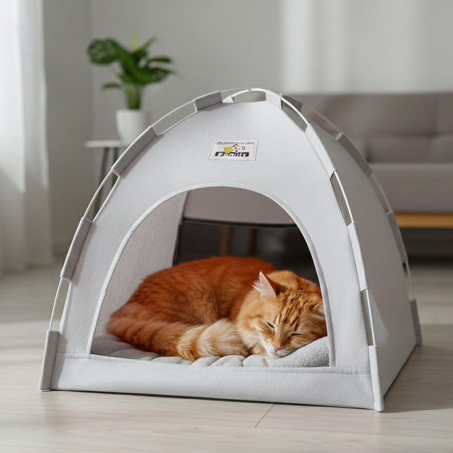 Chat dans tente blanc en intérieur