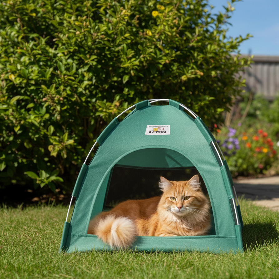 Chat dans tente bleu en extérieur